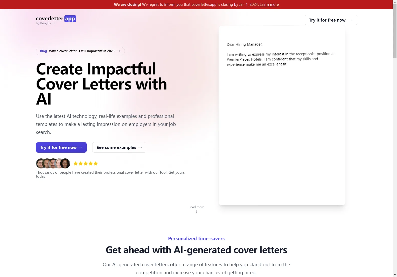 AI Cover Letter Generator: coverletter.app (Closed)