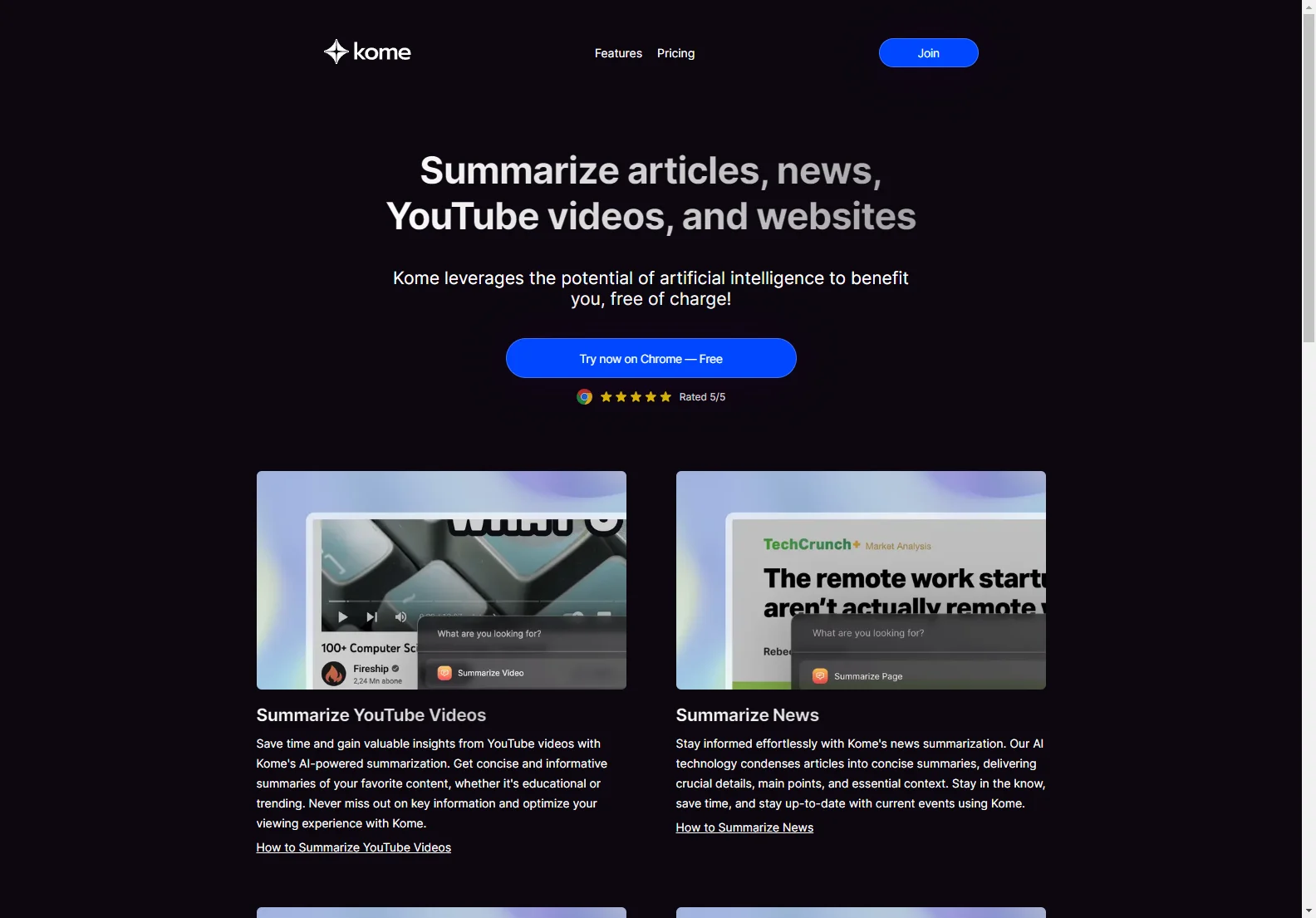 Kome: AI-Powered Summarizer for Articles, YouTube Videos, and More