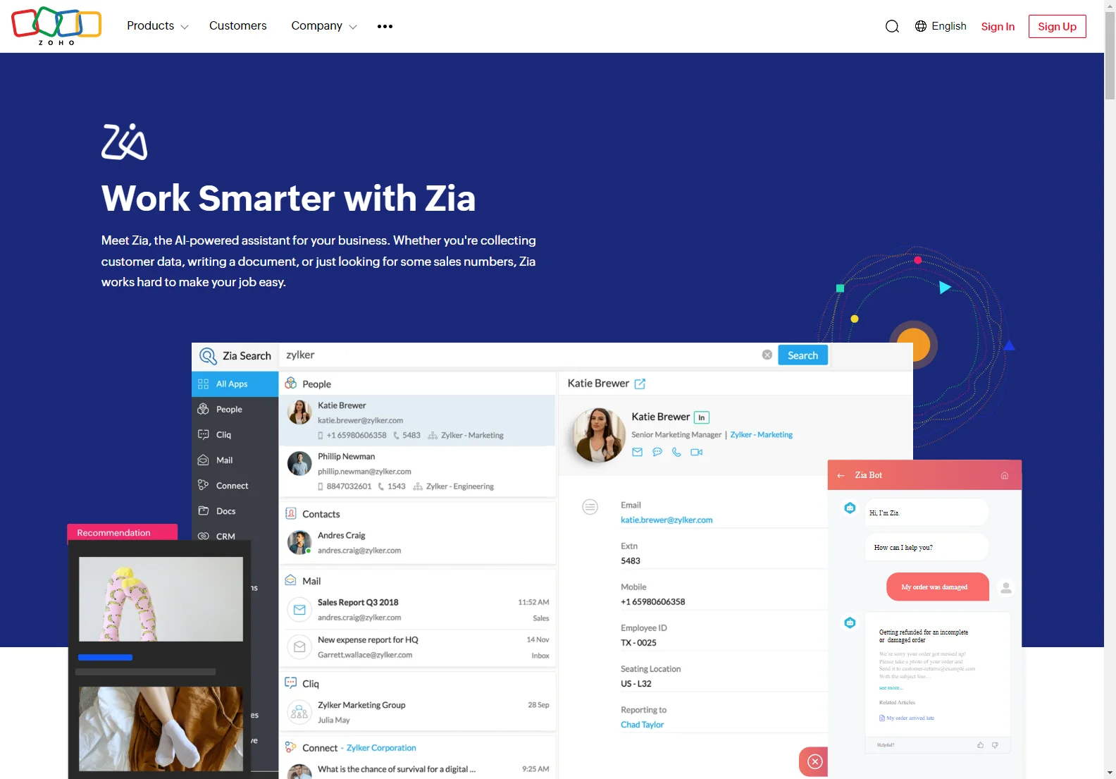 Zia: Zoho's AI Assistant for Enhanced Sales, Business Intelligence, and Productivity