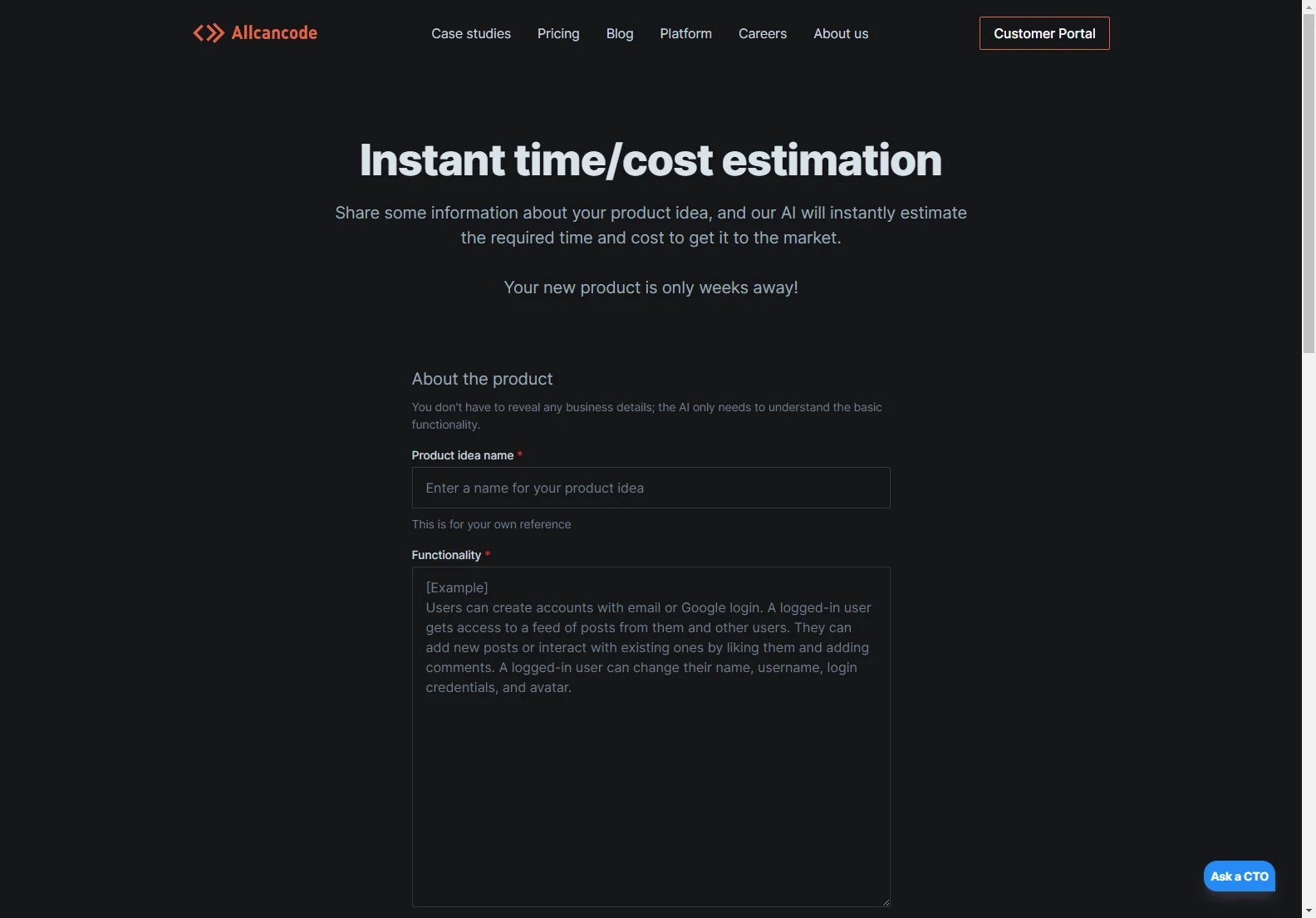 Allcancode: Instant AI-Powered Time & Cost Estimation for Product Launch