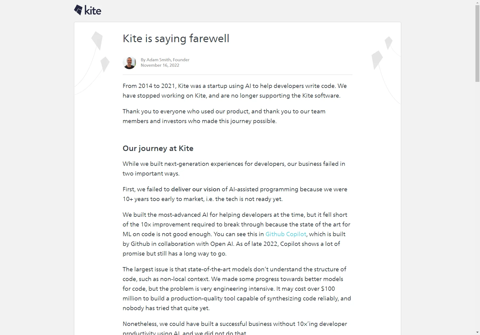 Kite's Farewell: Lessons from a Pioneering AI Code-Writing Startup