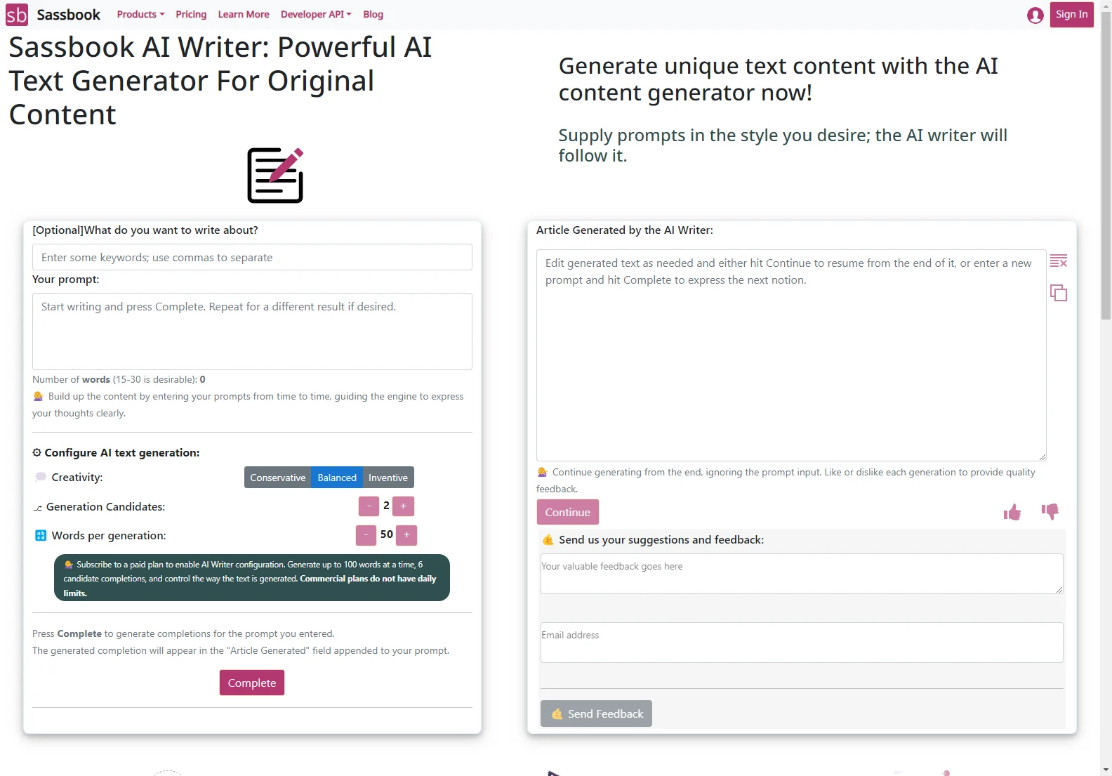 Sassbook AI Writer: Powerful AI Text Generator for Original Content