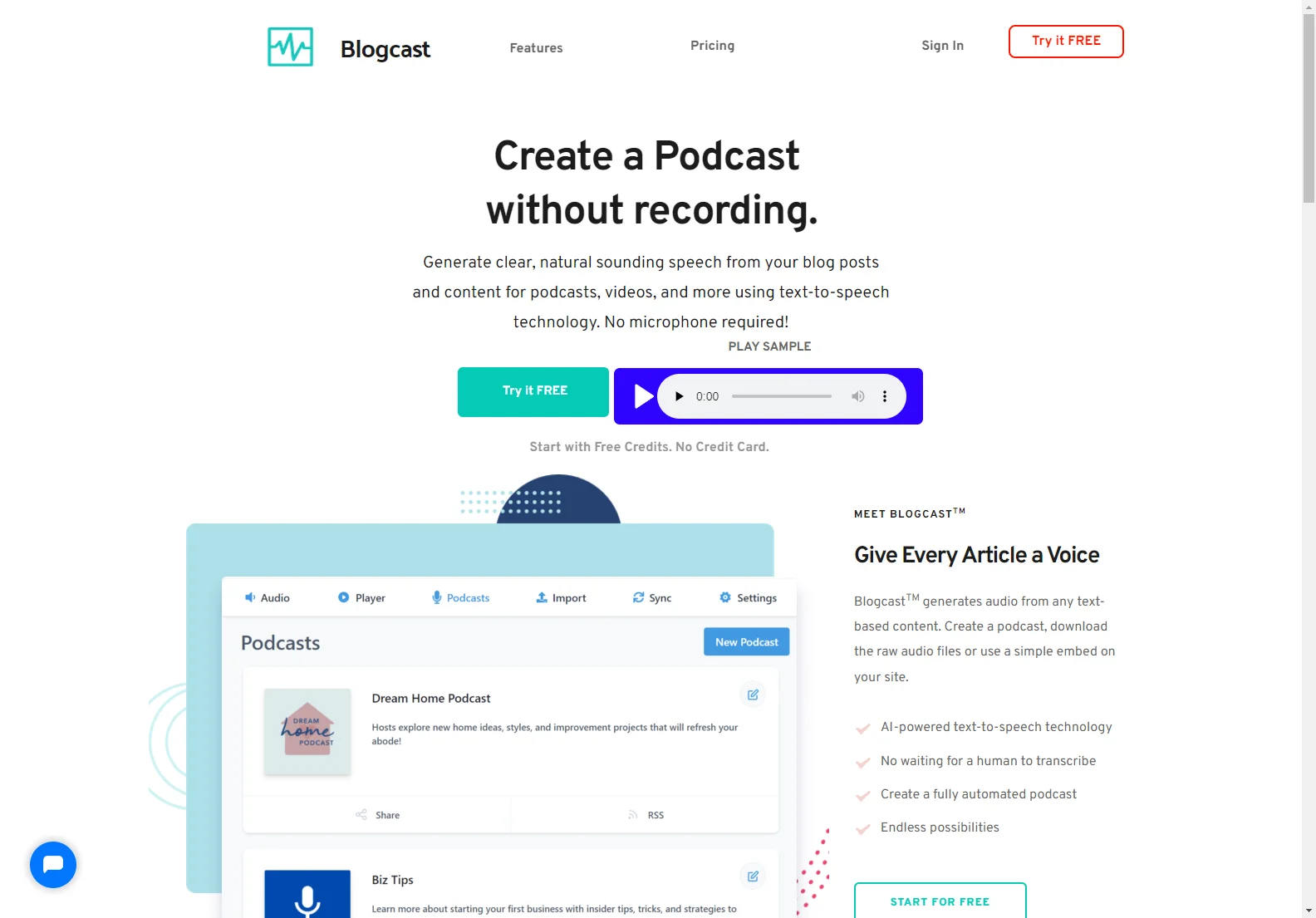 Blogcast: AI-Powered Text-to-Speech for Podcasts and Voiceovers