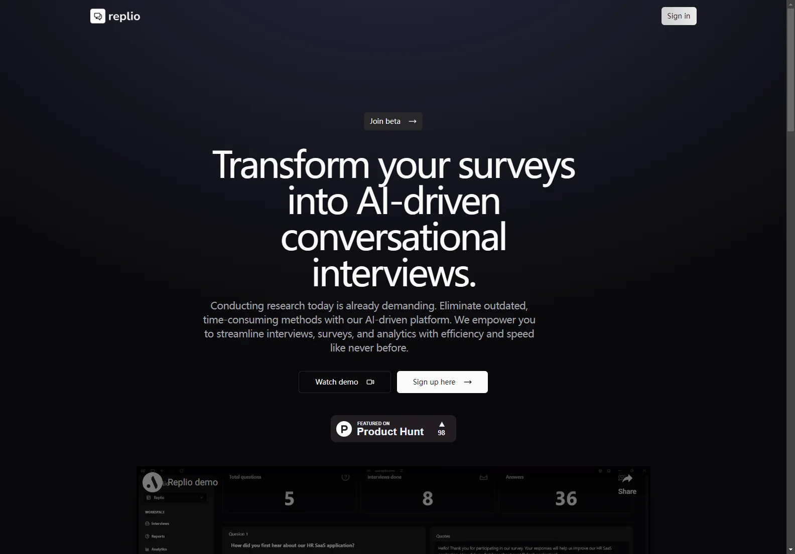 Replio: AI-Powered Conversational Interviews for Efficient Research