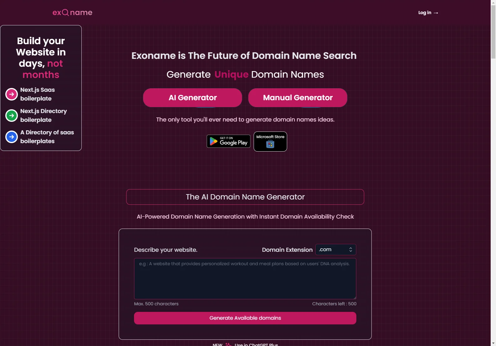 Exoname: AI & Manual Domain Name Generator for Unique Website Names