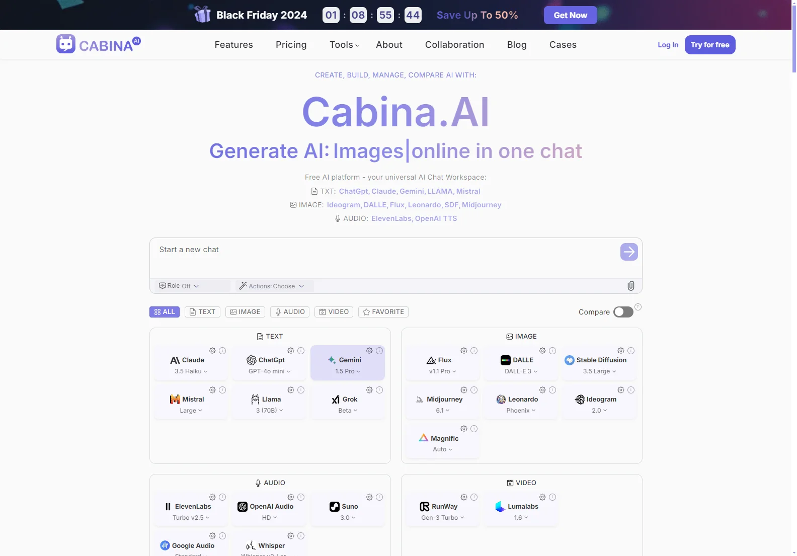 Cabina.AI: Free All-in-One AI Platform for Text, Image, and Audio Generation