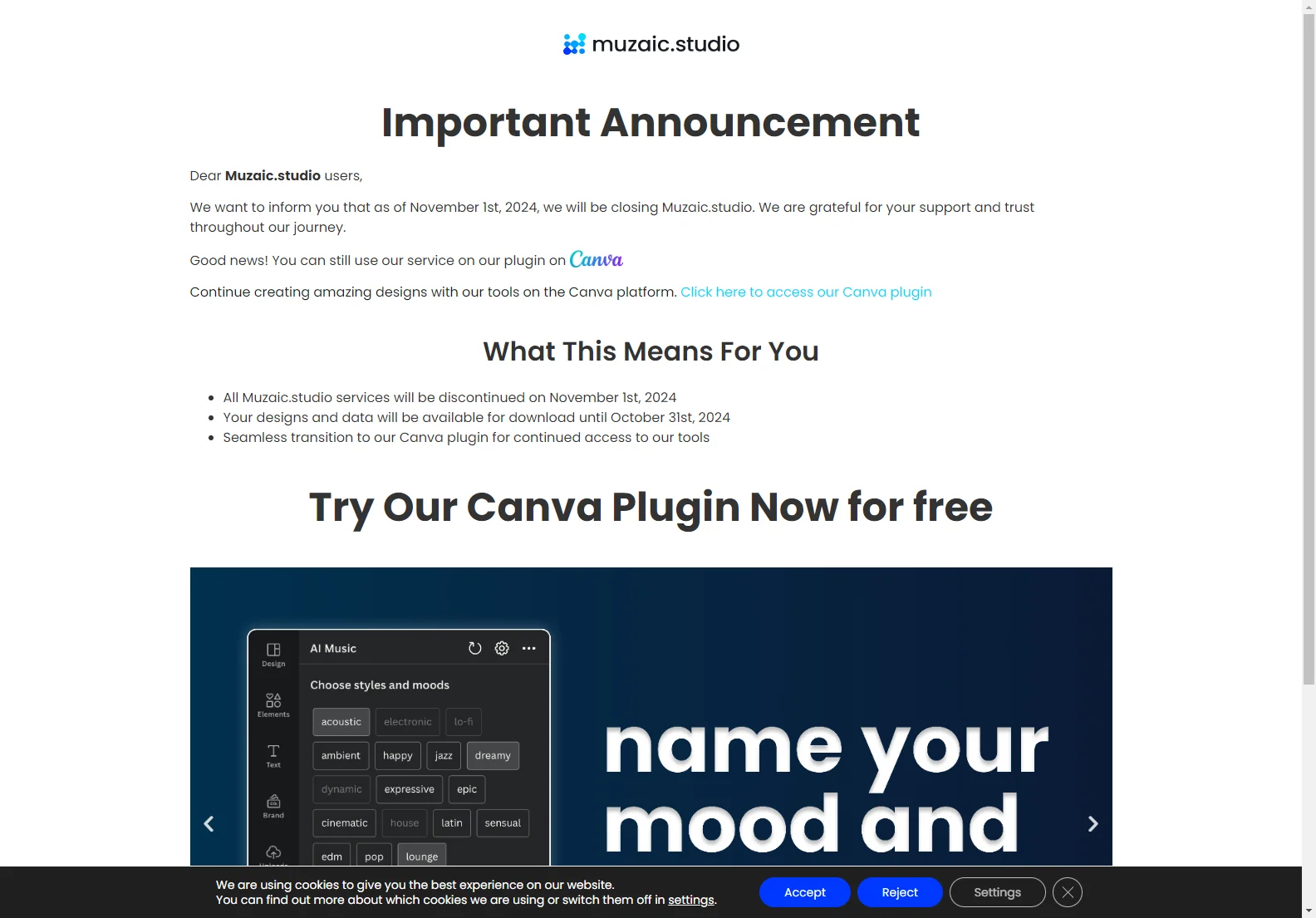 Muzaic.studio Closing Announcement: Transition to Canva Plugin