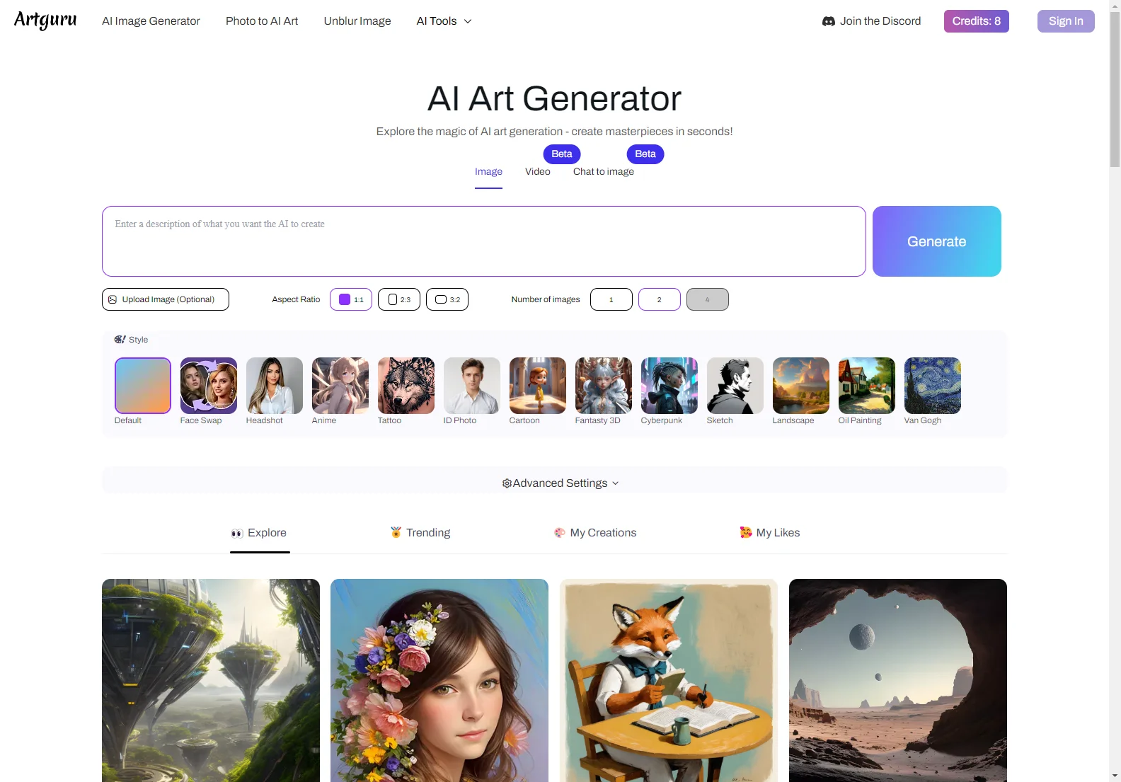 Artguru - Free Online AI Art Generator: Create Stunning AI Art from Text & Photos