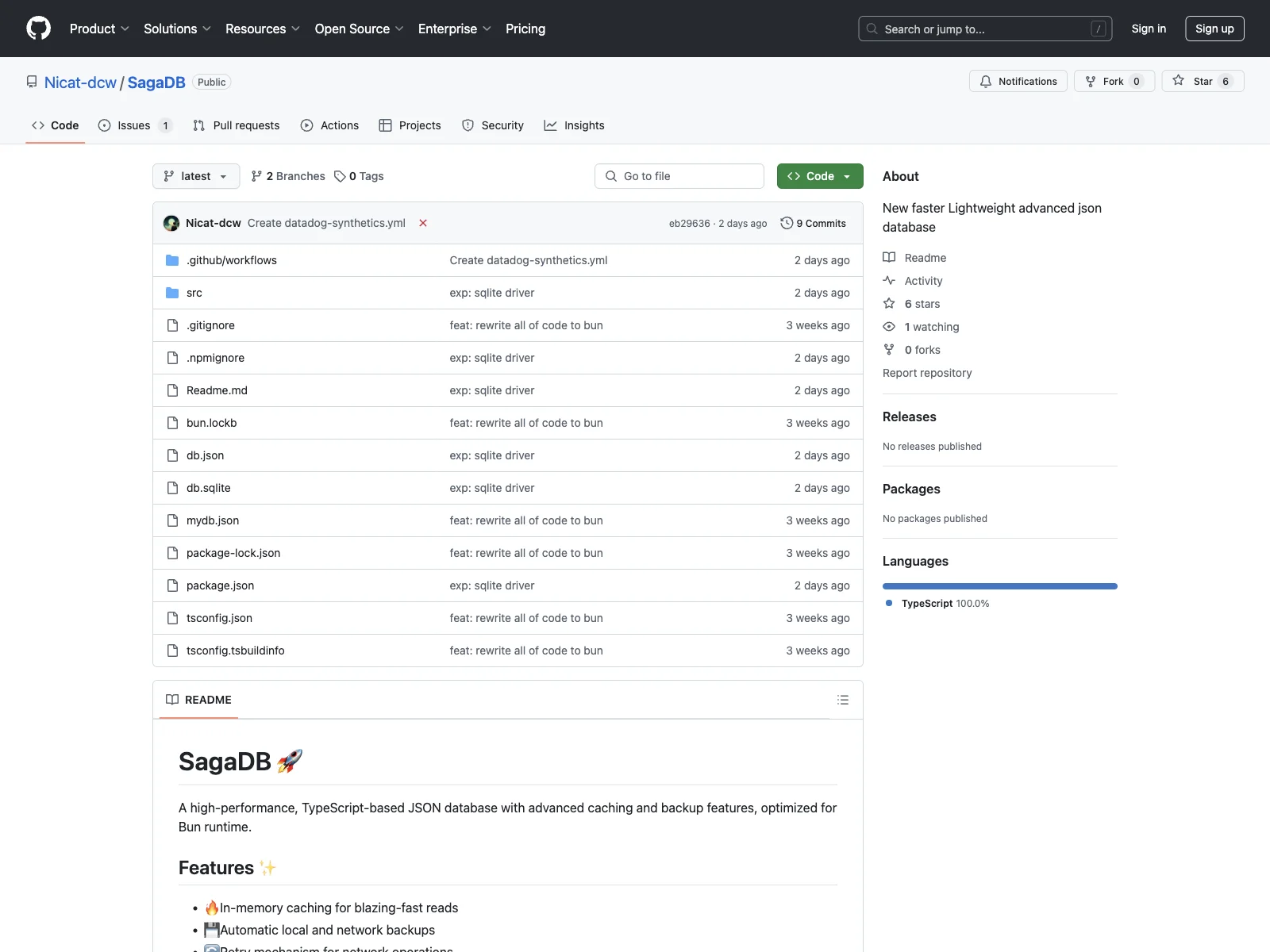 SagaDB: High-Performance TypeScript JSON Database for Bun Runtime