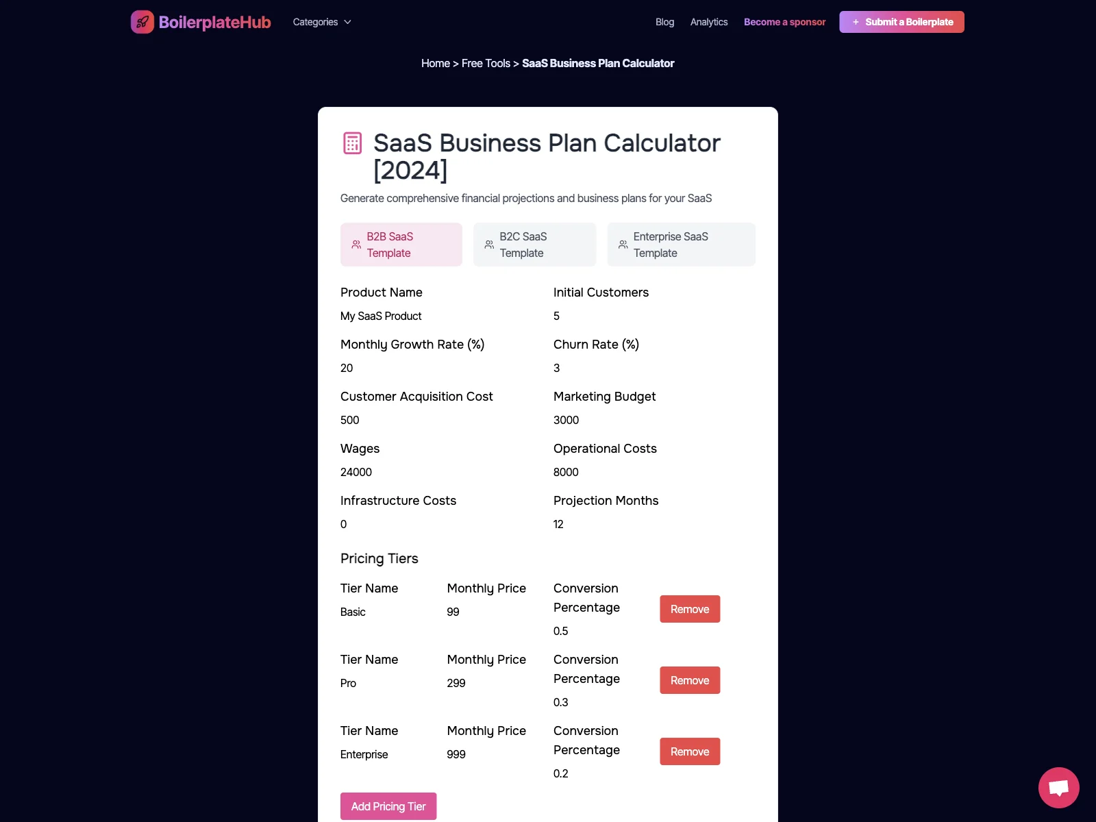 SaaS Business Plan Calculator - Free Online Tool | BoilerplateHub