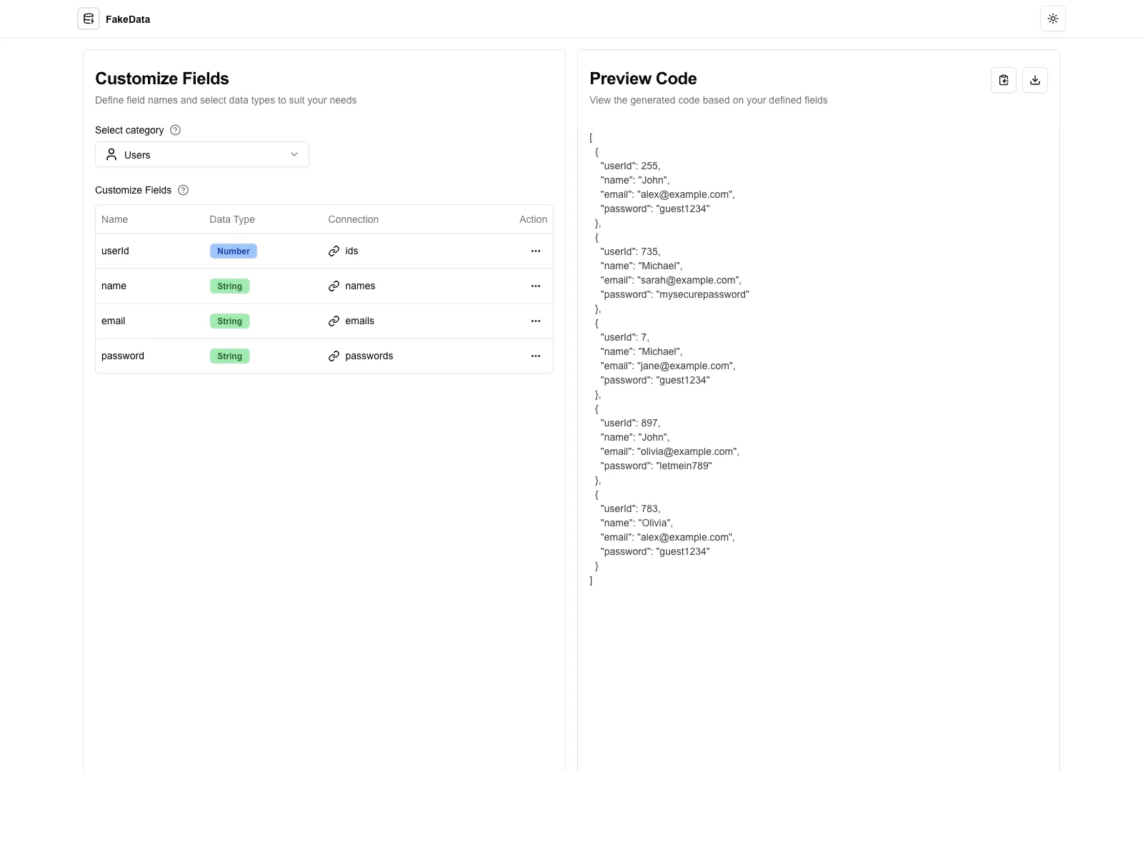 FakeData: Customize Data and Generate Code with Ease