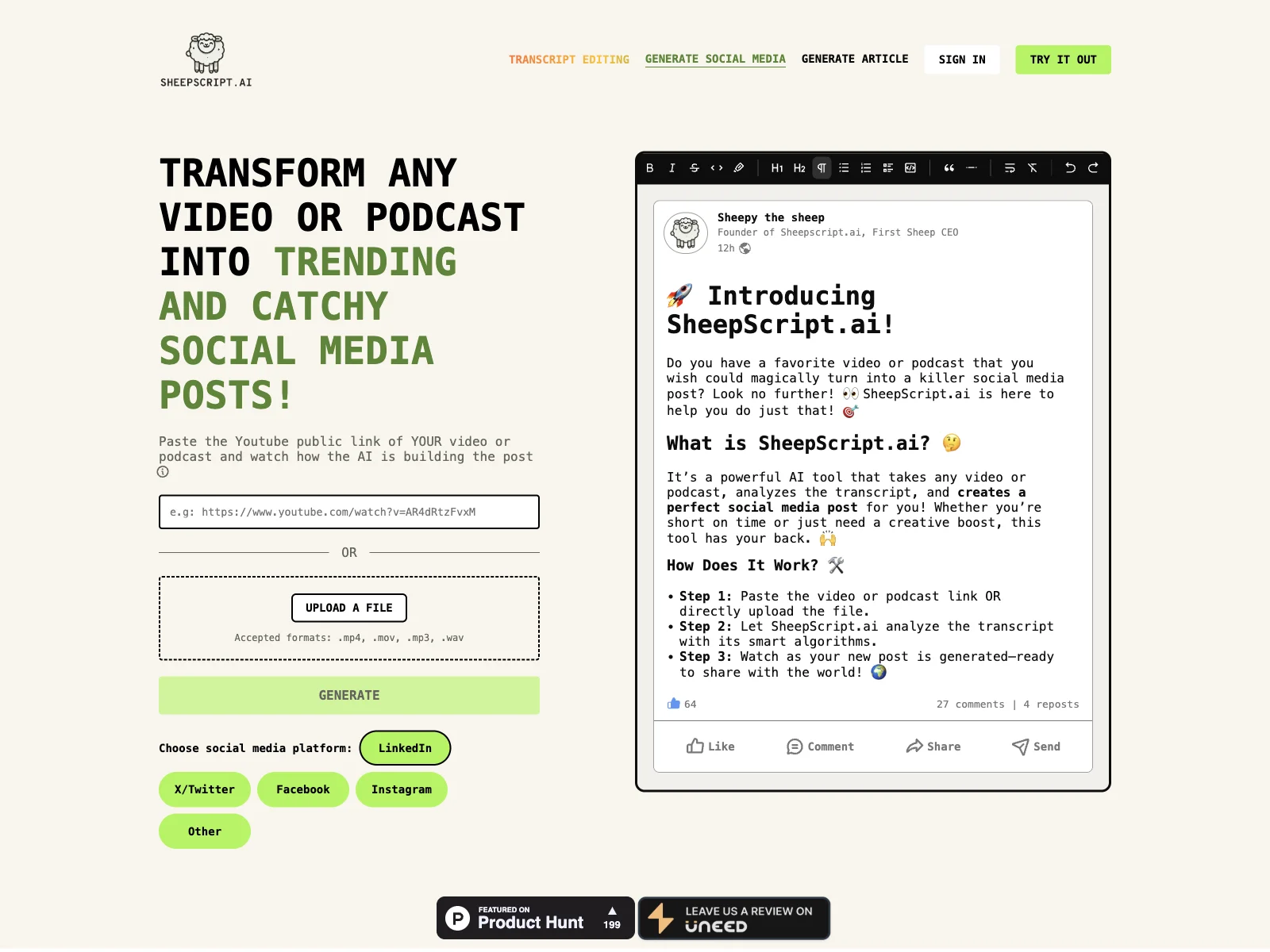 Sheepscript.ai: Transform Videos/Podcasts into Social Media Hits